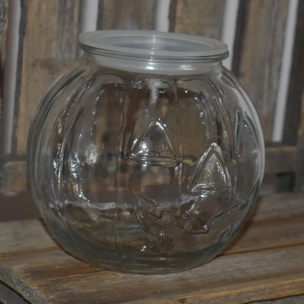 Vintage Clear Glass Jack O Lantern Pumpkin Candy Dish Jar Fall Halloween Decor